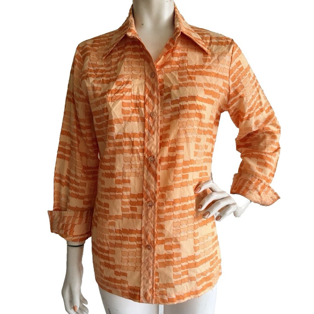 KORET Colortron Vintage 70s Blouse Top Orange Large Collar Button Front Size S M